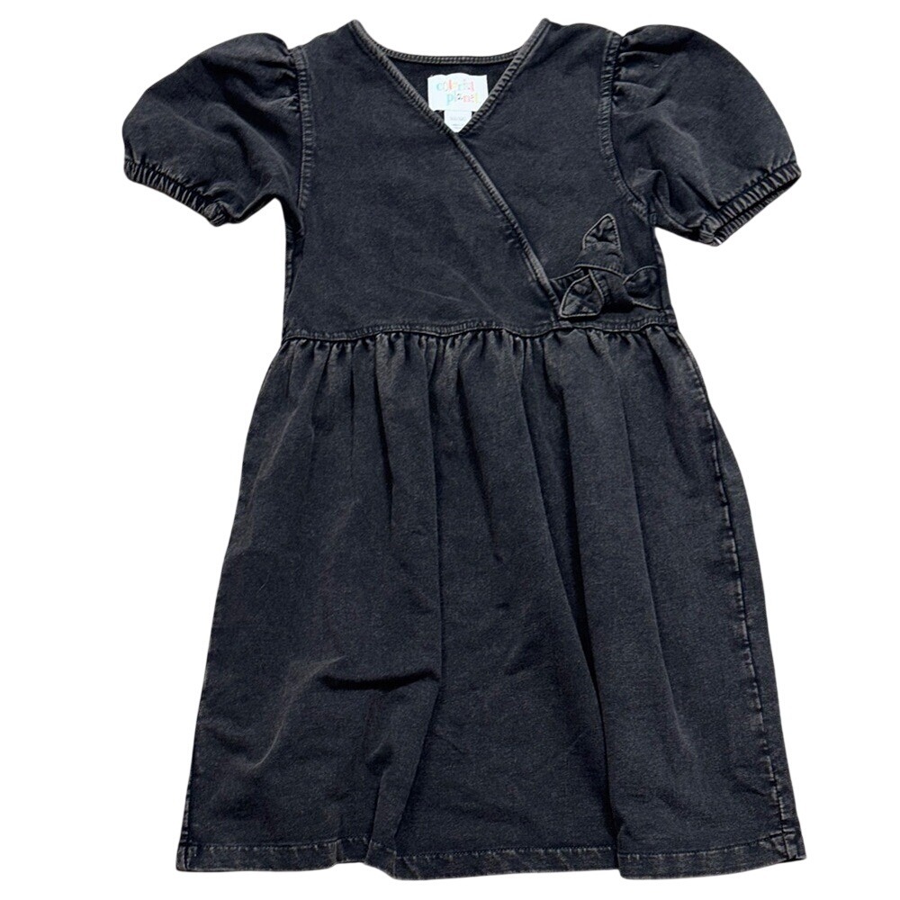 Colorful Planet Girls Acid Wash Black Faux Wrap Dress Size S 6/6X NEW